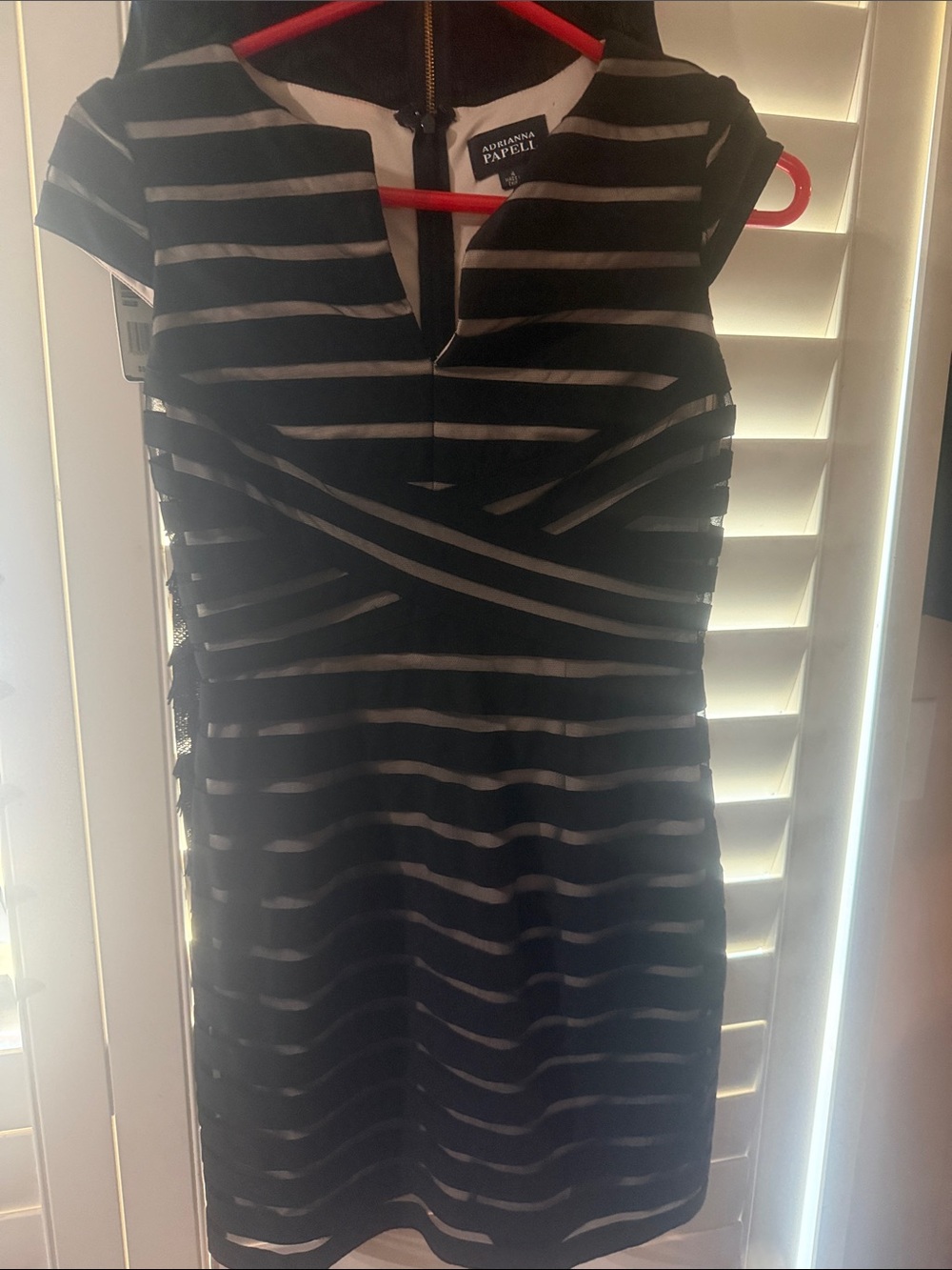 Adrianna Papell Black and Nude Striped Midi Sheath Dress